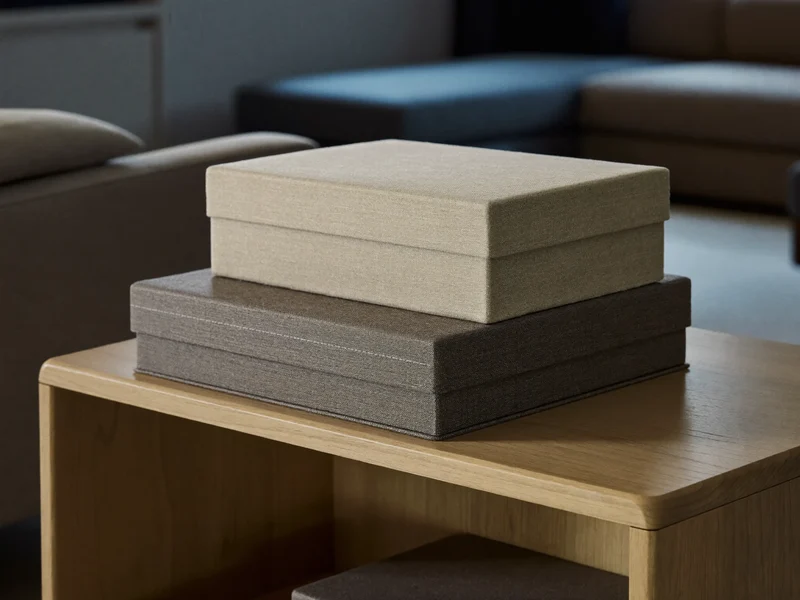 Stapelbare Stoffboxen auf einem offenen Holzregal im Wohnzimmer