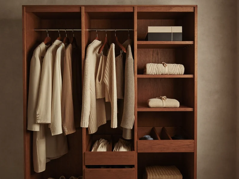 Offener Kleiderschrank mit schlanken Bügeln, Einteilern und gefalteter Strickware